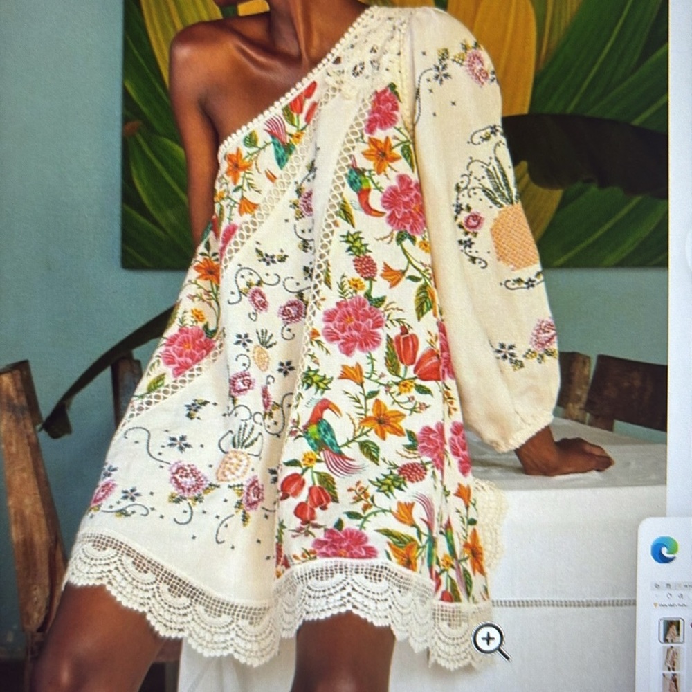 Floral One-Shoulder Cream Dress with Lace Trim